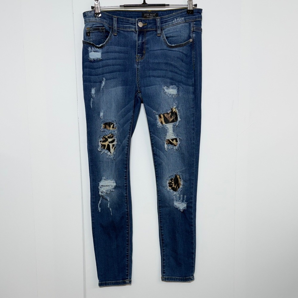 Judy Blue Jeans Junior 9/29 30X28 Blue Skinny‎ Distressed Leopard Patch Stretch